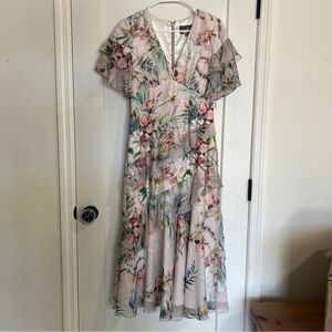 Theia Blush Floral Ruffle Dress